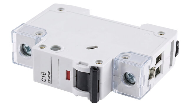 A white C16 230/400V miniature circuit breaker (MCB) electrical safety switch featuring a black toggle lever, screw terminals with clear protective covers, and an ON/OFF status indicator , isolated