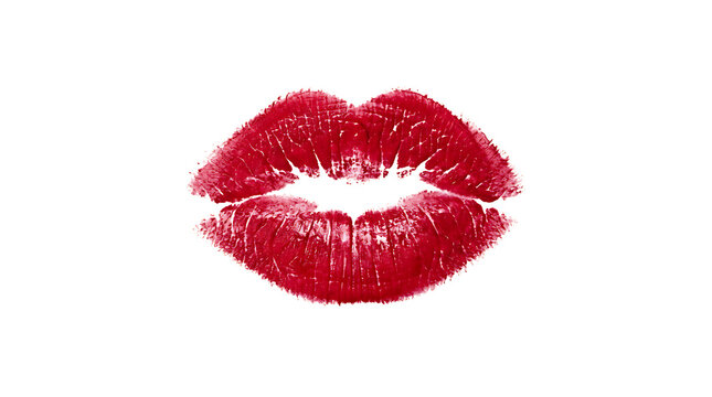 A vibrant red lipstick kiss mark representing love and passion featuring a detailed texture of lips isolated on transparent background