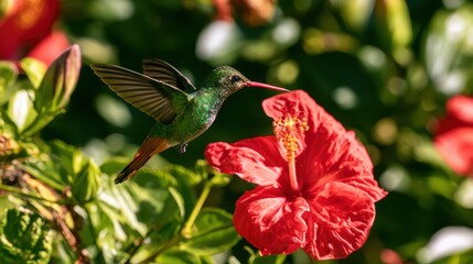 Fototapeta premium Colorful hummingbird hovering near vibrant red hibiscus flower in lush tropical garden, capturing nature's beauty and intricate details of pollination dynamics.
