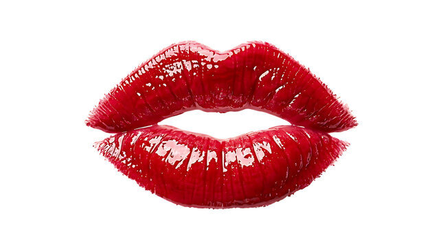 A pair of glossy red lips with a seductive pout showing vibrant makeup isolated on transparent background