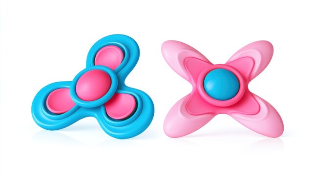 Two colorful fidget spinner toys in blue and pink isolated on white background