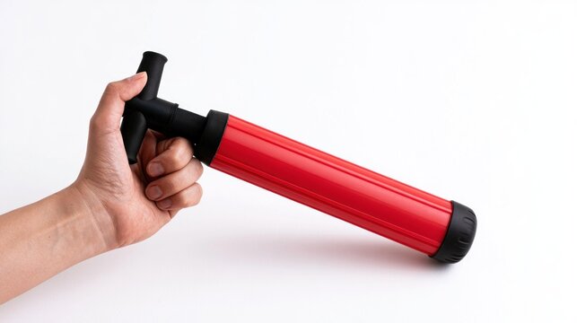 Hand Holding a Red Manual Balloon Pump Against a White Background