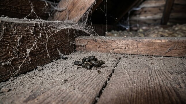 Rat droppings and cobwebs on wooden attic floor boards.