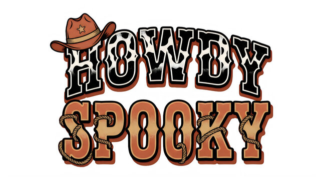 Howdy Spooky western Halloween typography, cowboy hat and lasso rope lettering, rustic cow print text graphic isolated PNG with Transparent Background Halloween