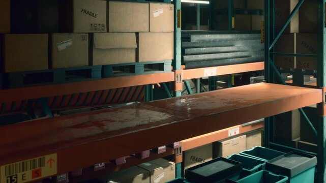 Shelves filled with cardboard boxes are located in a warehouse. Some boxes have labels. The scene shows a damp surface on a storage table. Low light comes from above.