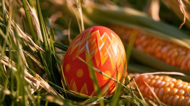 Close-up of a Beautifully Hand-Painted Orange Easter Egg Nestled in Tall Green Grass with Corn Cobs in the Background