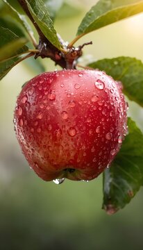 Fresh Ripe Red Wax Apple Covered with Water Droplets on Tree
