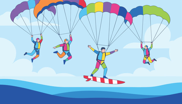 Thrilling vector scene of four skydivers paragliding in colorful suits over the ocean waves, with one surfer riding a surfboard.