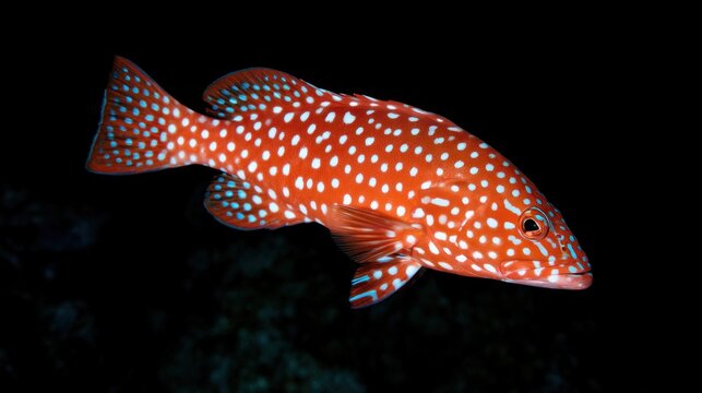 Vibrant Red Coral Grouper (Cephalopholis miniata) with Blue Spots Swimming Underwater Against a Dark Background