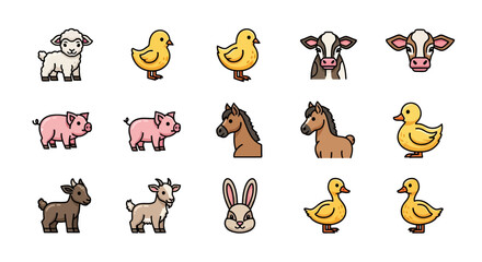 Fototapeta premium Cute Farm Animals Collection - Lambs, Chicks, Calves, Pigs, Horses, Ducks, Goats, and Rabbits.