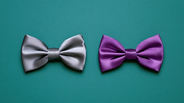 Silver and Purple Satin Bow Ties on a Teal Background