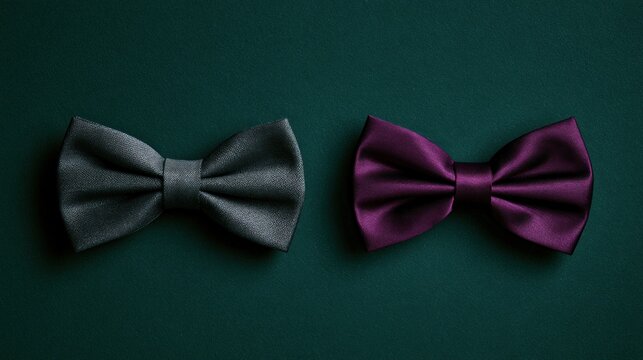 Elegant Gray and Purple Silk Bow Ties on Dark Green Textured Background