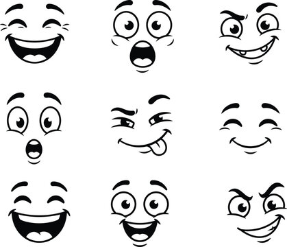 Cartoon facial expression icons set featuring playful emotions, winking faces, mischievous grins, surprised looks, and tongue‑out designs for creative commercial projects