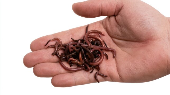 Hand holding a cluster of live earthworms for composting or fishing bait isolated on white background