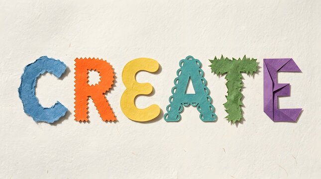 Brightly colored wooden letters are arranged to spell the word create on a simple neutral backdrop symbolizing imagination and artistic expression concepts