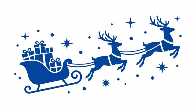 Blue reindeer pulling a Christmas sleigh with gifts, holiday vector illustration icon.