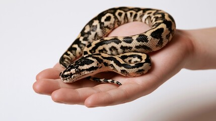 Fototapeta premium Small Carpet Python Snake Coiled in a Person's Hand on a White Background