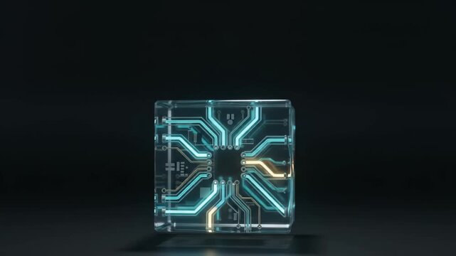 Glowing AI circuit cube rotating on dark background