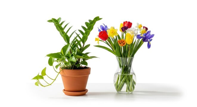 A potted plant and a vase of colorful flowers sit on a white table. The plant, a ZZ plant, has long, trailing vines.