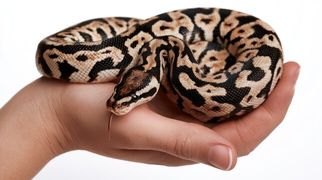 Ball python (Python regius) curled in a person's hand, flicking its tongue against a white background.