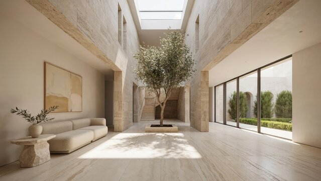 Interior, Modern Atrium with Stone Walls, Skylight, and a Potted Tree. Minimalist Design, Luxury Home Concept