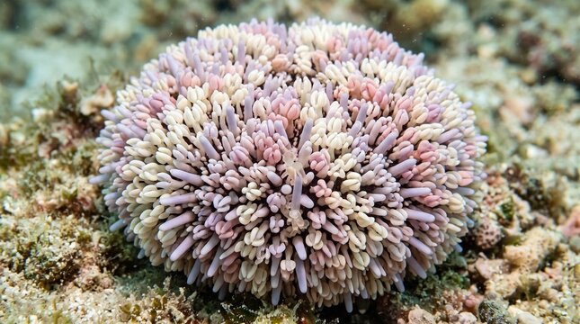 Macro view of a living Toxopneustes pileolus sea urchin showing venomous appendages