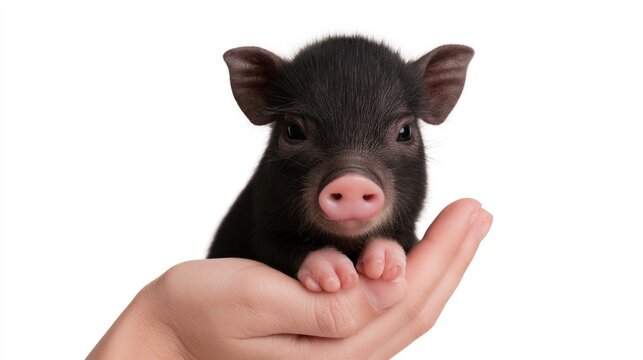 Cute Tiny Black Miniature Piglet Being Held in a Person's Hand Isolated on White Background