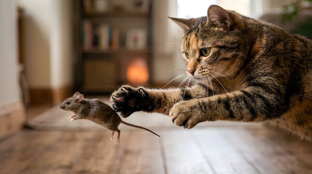 Predator cat trying to catch a fast jumping mouse