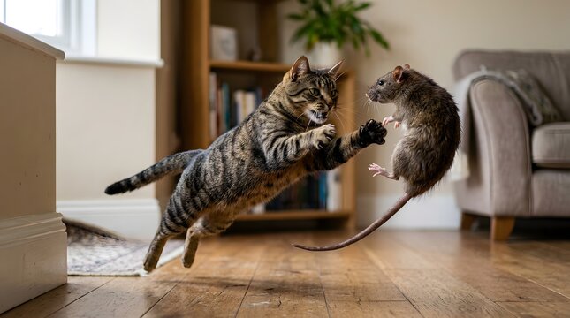 Action shot of energetic cat hunting a house mouse