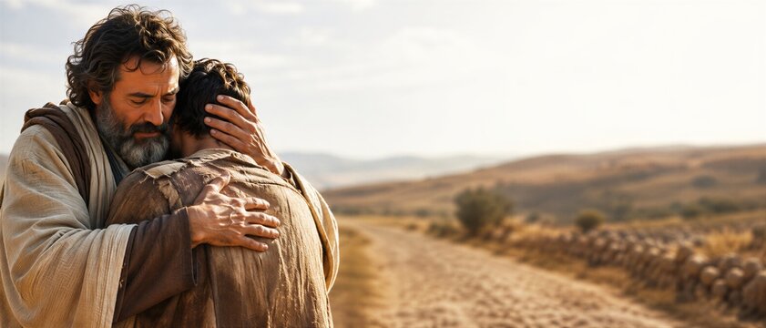 A man in period clothing embraces his prodigal son, expressing emotional support and reconciliation against a deserted landscape beneath a warm banner. The Return of the Prodigal Son. Banner format.