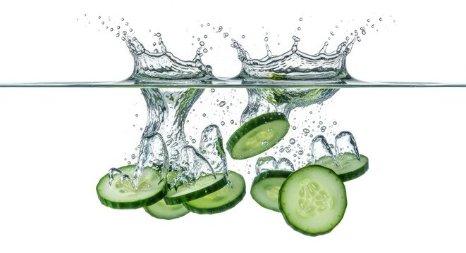 A cucumber plunges into water, creating a splash of water droplets. Slices of cucumber are visible beneath the surface.