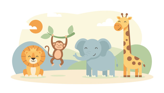 Cute cartoon savanna wild animals including a lion, monkey hanging on a branch, baby elephant, and tall giraffe stand together on a sandy plain.