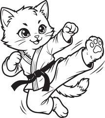 Fototapeta premium Cute cartoon cat practicing martial arts and performing a flying kick in a karate uniform with training exercise illustration