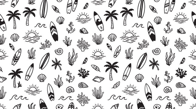 Seamless summer pattern featuring hand-drawn surfboards palm trees and ocean waves seamless background surfing design surfboard