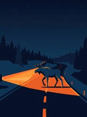 Naklejka premium Moose crossing road at night illuminated by car headlights. Wild animal on highway in dark winter forest with starry sky. Wildlife safety and driving caution concept in flat illustration style.