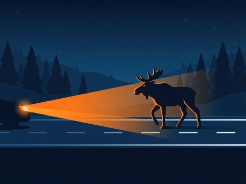 Moose crossing road at night in car headlights. Wild animal on highway in forest. Road safety and wildlife collision warning concept. Flat vector illustration of night driving danger.
