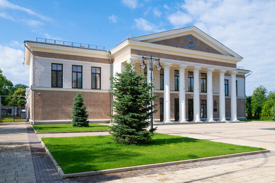 MAYKOP, RUSSIA - JULY 6, 2026: The building of the Russian State Drama Theater of the Republic of Adygea on a sunny July day. Maykop, Adygea