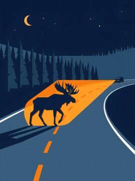 Moose crossing road at night illuminated by car headlights. Flat illustration of wild animal on highway near forest under moon and