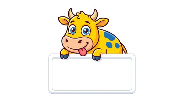 Cartoon yellow cow holding blank white sign, cute farm animal character with empty banner, funny bull mascot with copy space