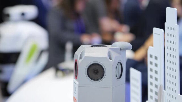 White 3D camera beside miniature city model. Blurred conference attendees in background