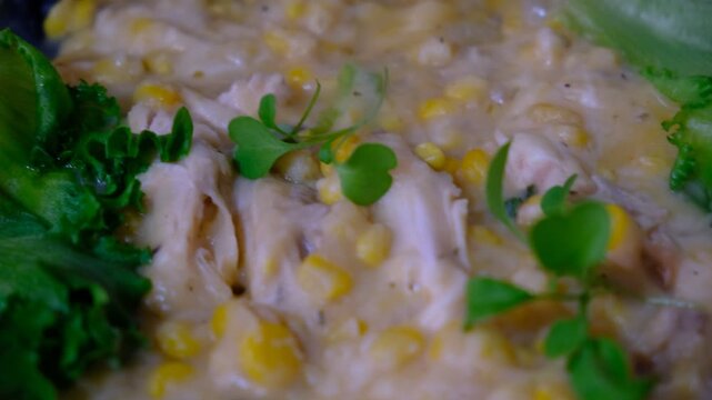 Comfort chicken stew with Sweet Corn and Fresh Greens. Tender chunks of chicken and sweet corn kernels in a thick, velvety cream base. Fresh lettuce leaves add a crisp, Creamy Chicken and Corn Chowder