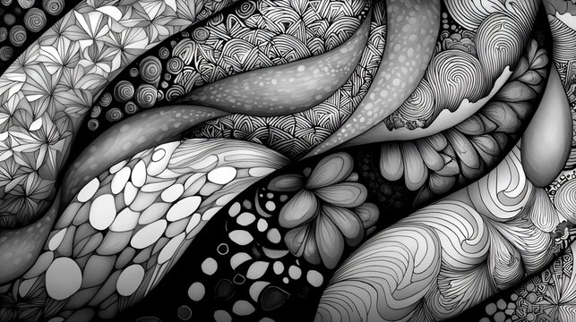 Abstract grayscale pattern with flowing organic shapes and intricate details.