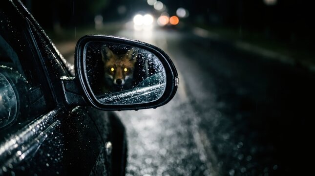 Wild fox reflected in car side mirror at night on wet road. Animal with glowing eyes in rearview mirror in rain. Wildlife encounter and road safety concept. Mysterious nocturnal nature scene.