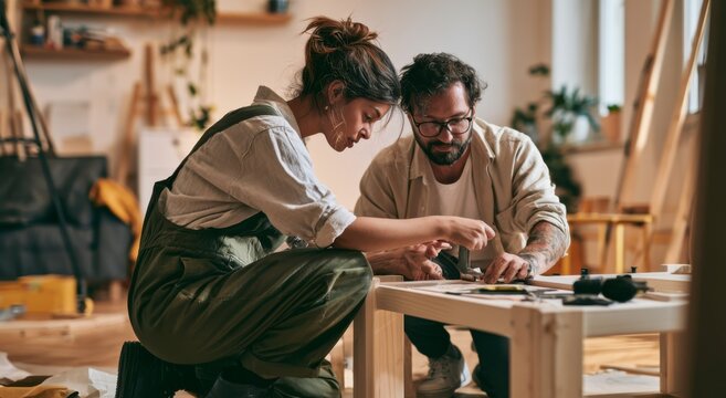 Young couple assembling wooden furniture together at home in a bright workshop studio.