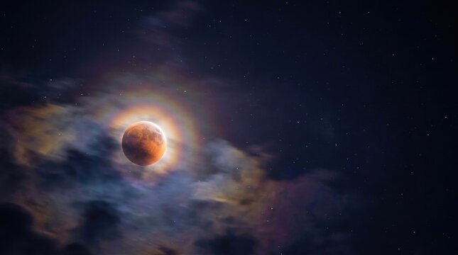 A vibrant total lunar eclipse bathes the moon in a reddish glow, partially obscured by a swirling cloudscape. The moon appears as a blood-red orb, encircled by a brilliant corona of light.