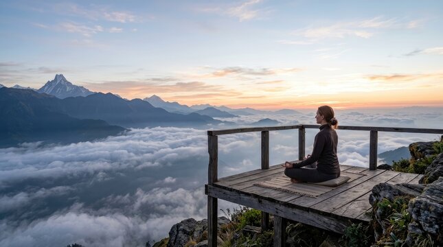 A woman sits in a meditative pose on a wooden platform overlooking a vast mountain range shrouded in clouds.