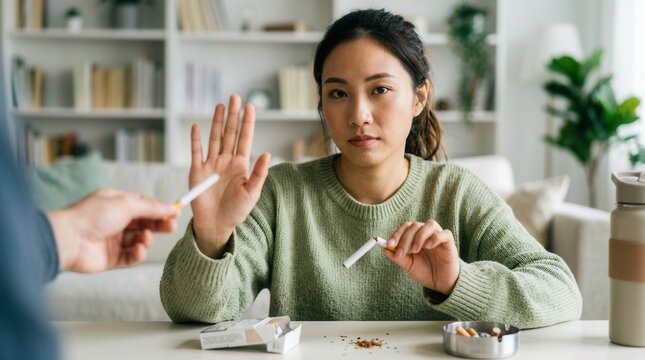 Woman Refusing Cigarette And Breaking One Symbolizing Quitting Smoking