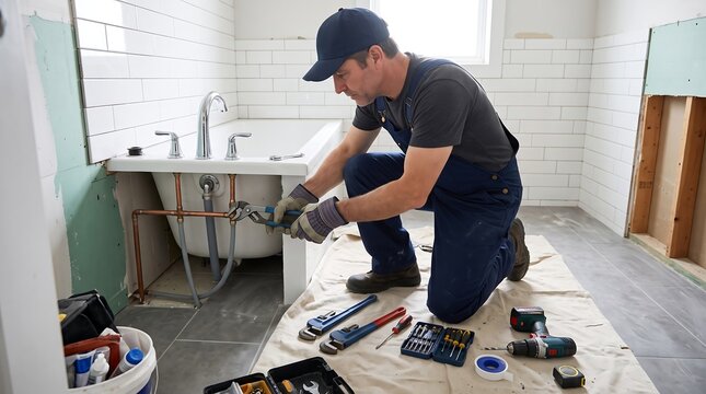 Professional plumber installing copper pipes for bathtub. Handyman repairing bathroom plumbing during home renovation project.