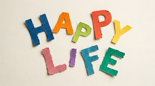 Brightly colored wooden letters are arranged to spell happy life on a clean white background symbolizing positivity joy and a fulfilling lifestyle concept