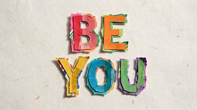 A vibrant and uplifting message of self love and acceptance reads be you on a lightly textured white wall encouraging positive affirmation